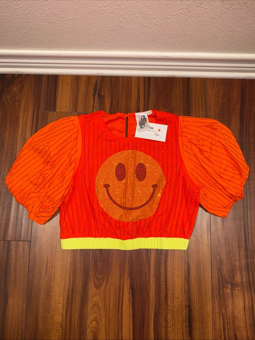 QUEEN OF SPARKLES Neon Orange Sequin Smiley Puff-Sleeve Crop Top